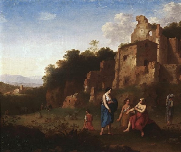 Arcadian landscape with decorative figures and ruins